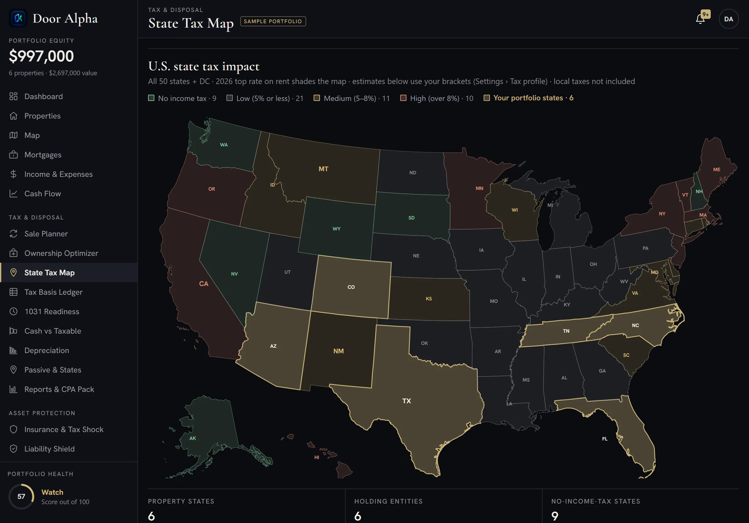 State tax map across the portfolio’s six states